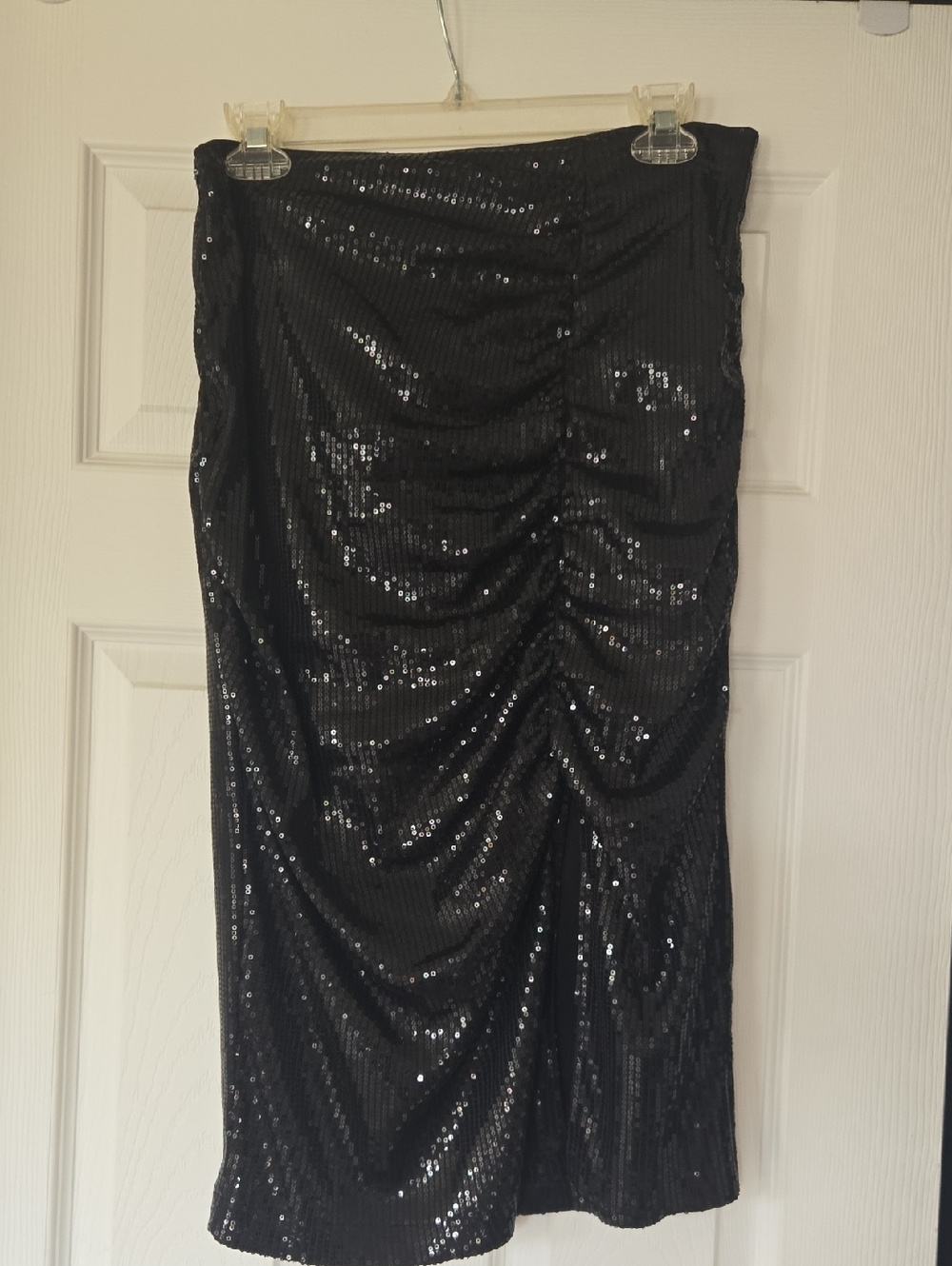 Black Sequin Ruched Midi Skirt